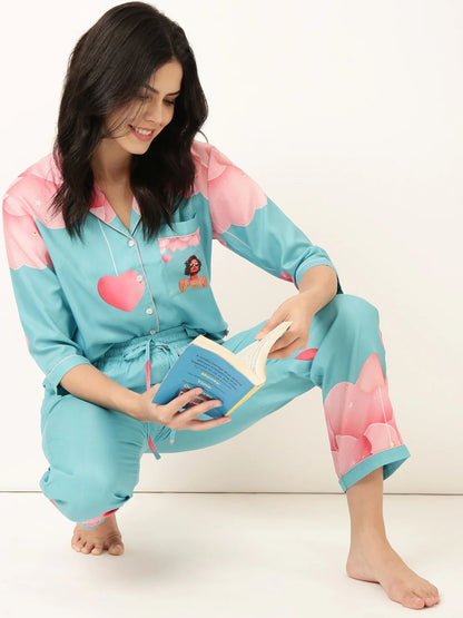Woman Ocean Blue Dil Ruba Back printed Night Suit
