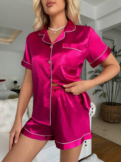 Women's Satin Plain/Solid Relaxed Night Suit Set of Top & Shorts Set
