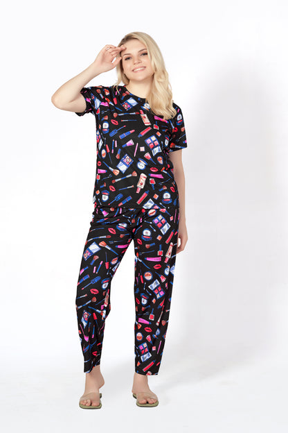 Makuap-Kit Print T-shirt And Long Pajama Set