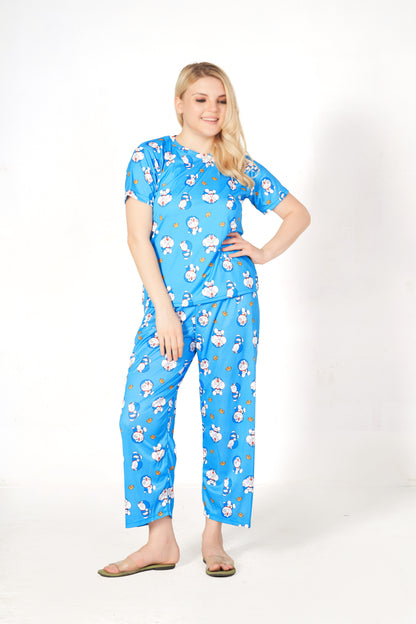 Doramon Print T-shirt And Long Pajama Set